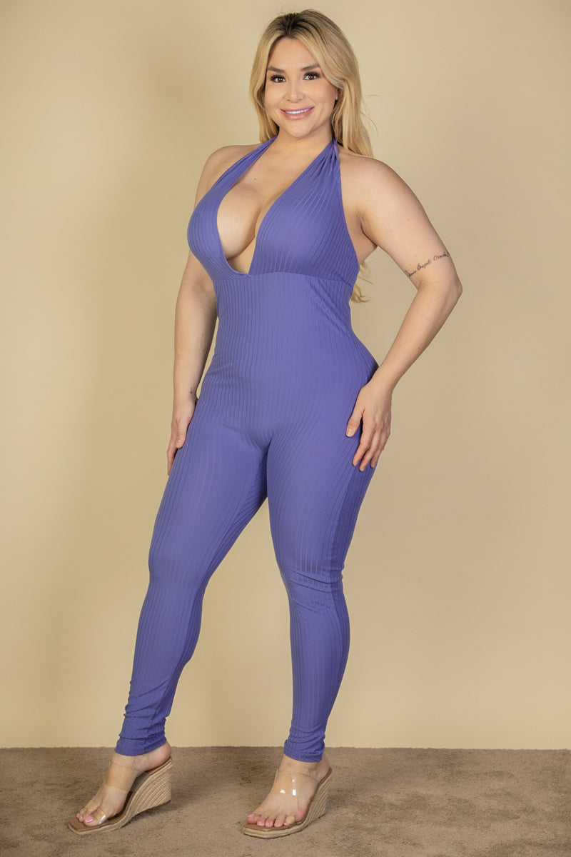 Plus Size Halter V Neck Ribbed Bodycon Jumpsuit - Capella Apparel