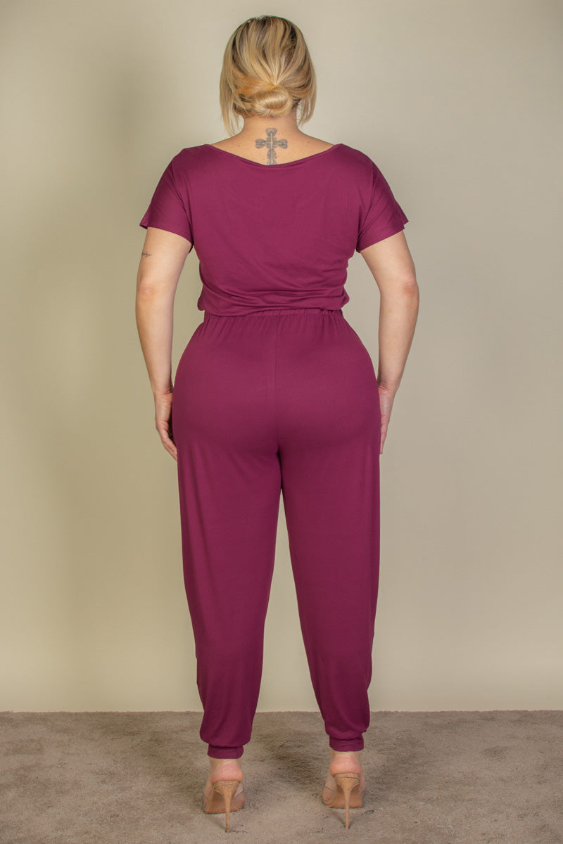 Plus Size Solid Drawstring Short Sleeve Jumpsuit - Wholesale Capella Apparel