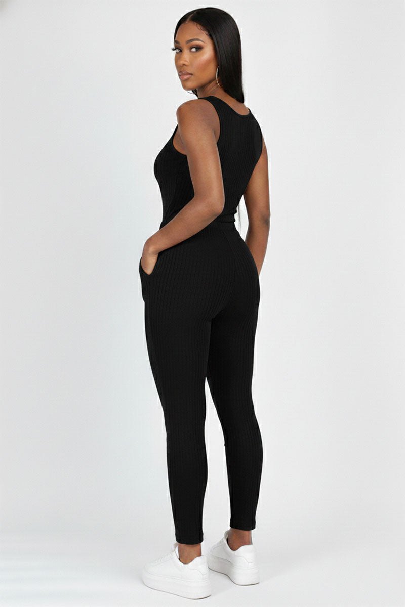Ribbed Sleeveless Drawstring Jumpsuit