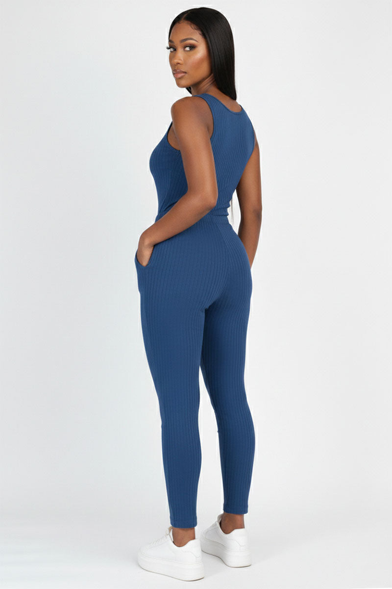 Ribbed Sleeveless Drawstring Jumpsuit