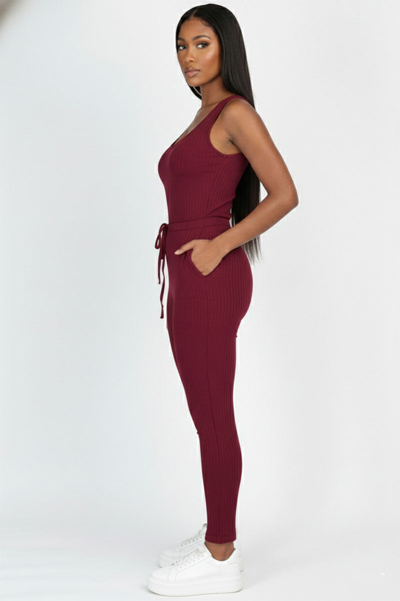 Ribbed Sleeveless Drawstring Jumpsuit