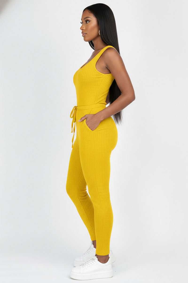 Ribbed Sleeveless Drawstring Jumpsuit