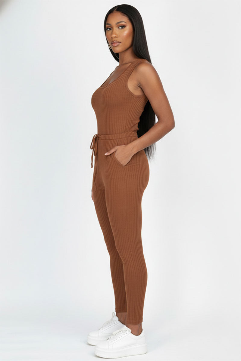 Ribbed Sleeveless Drawstring Jumpsuit