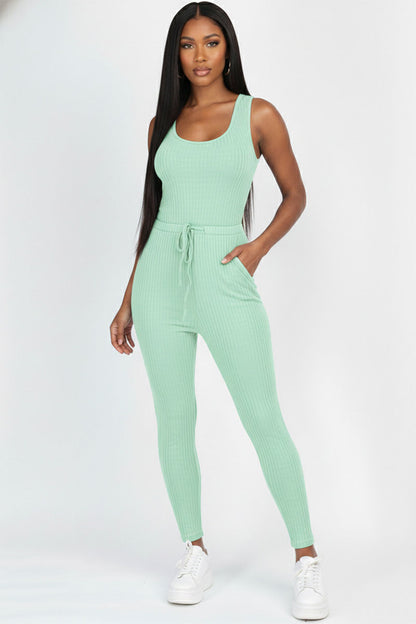 Ribbed Sleeveless Drawstring Jumpsuit