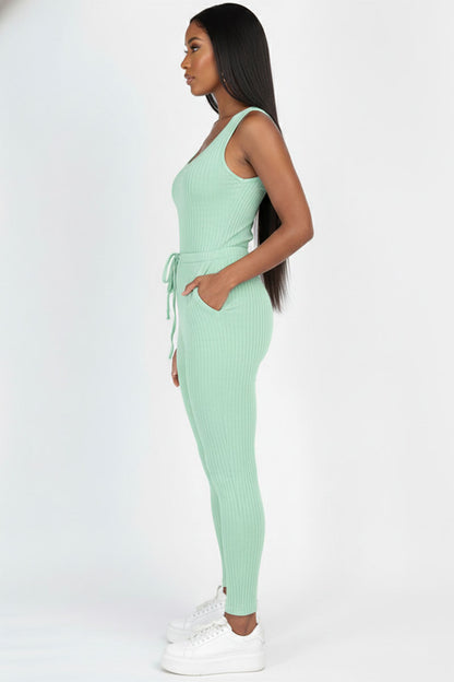 Ribbed Sleeveless Drawstring Jumpsuit