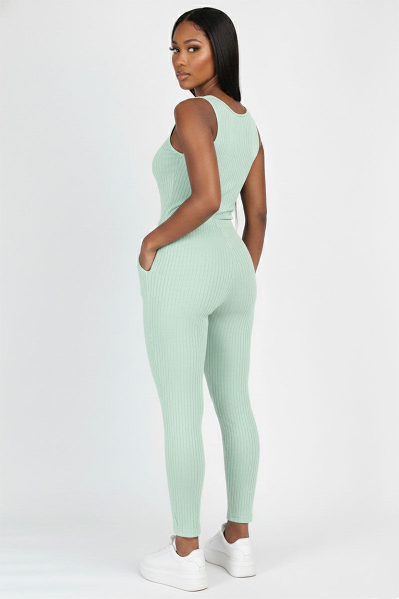 Ribbed Sleeveless Drawstring Jumpsuit