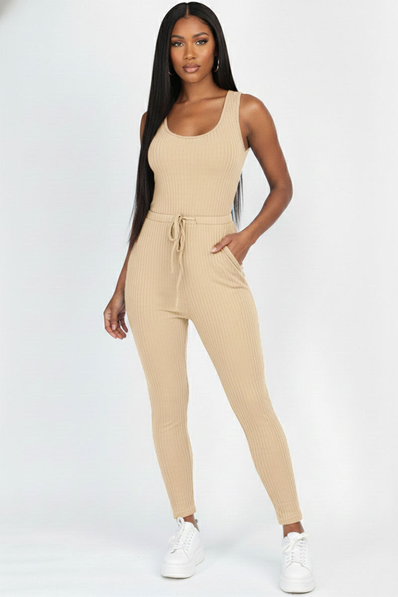 Ribbed Sleeveless Drawstring Jumpsuit