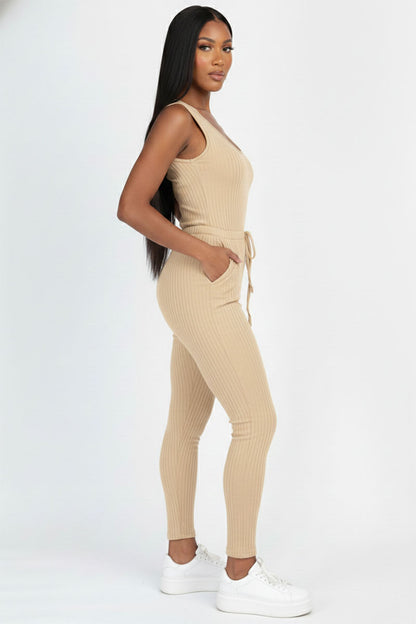 Ribbed Sleeveless Drawstring Jumpsuit