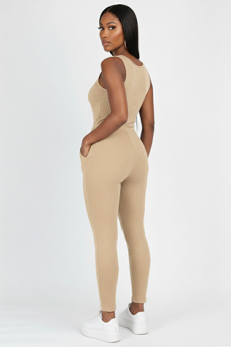 Ribbed Sleeveless Drawstring Jumpsuit