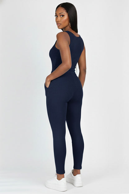 Ribbed Sleeveless Drawstring Jumpsuit