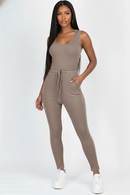Ribbed Sleeveless Drawstring Jumpsuit