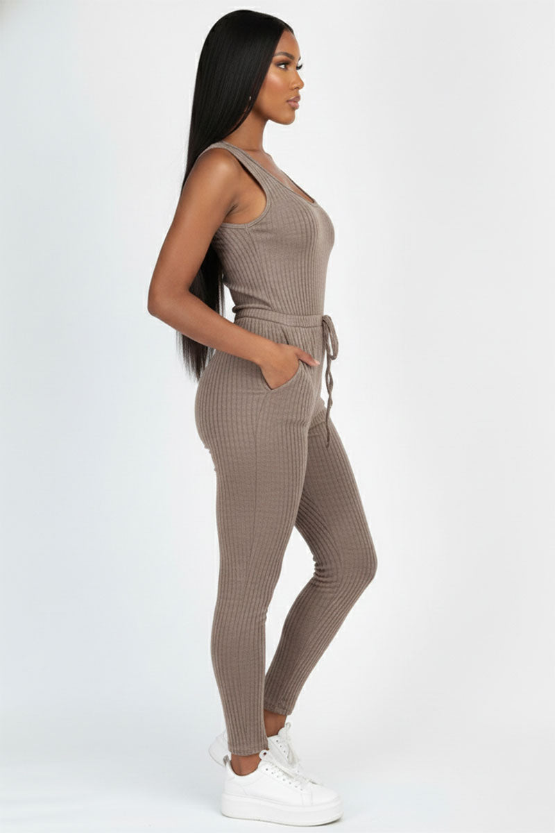 Ribbed Sleeveless Drawstring Jumpsuit