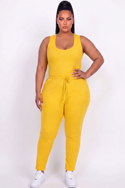 Plus Size Ribbed Sleeveless Drawstring Jumpsuit