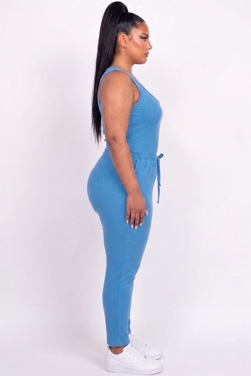 Plus Size Ribbed Sleeveless Drawstring Jumpsuit