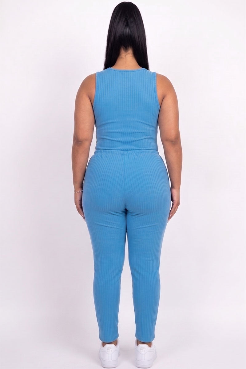 Plus Size Ribbed Sleeveless Drawstring Jumpsuit