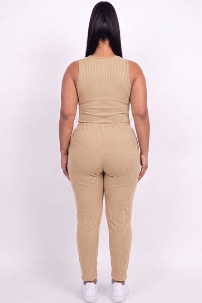 Plus Size Ribbed Sleeveless Drawstring Jumpsuit