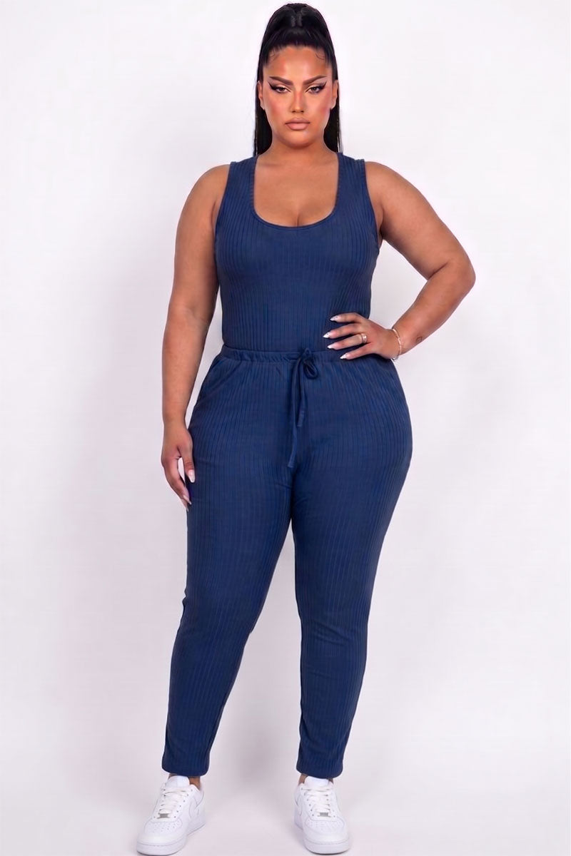 Plus Size Ribbed Sleeveless Drawstring Jumpsuit