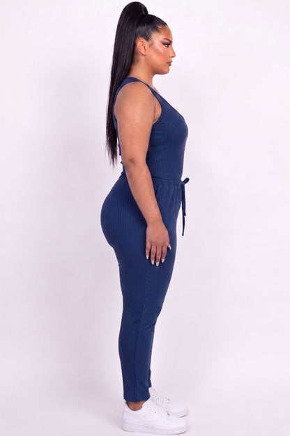 Plus Size Ribbed Sleeveless Drawstring Jumpsuit