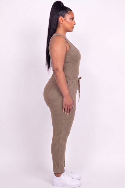 Plus Size Ribbed Sleeveless Drawstring Jumpsuit