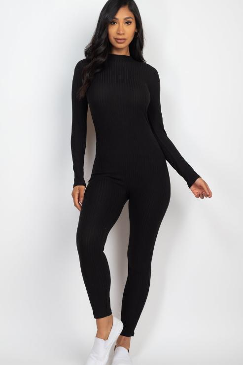 Ribbed Mock Neck Long Sleeve Casual Jumpsuit - Capella Apparel