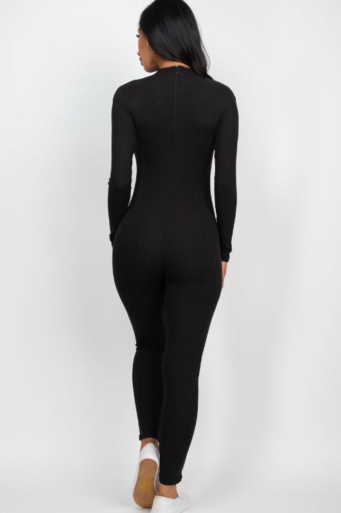 Ribbed Mock Neck Long Sleeve Casual Jumpsuit - Capella Apparel