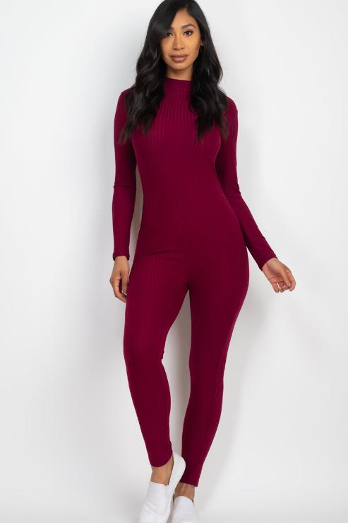 Ribbed Mock Neck Long Sleeve Casual Jumpsuit - Capella Apparel