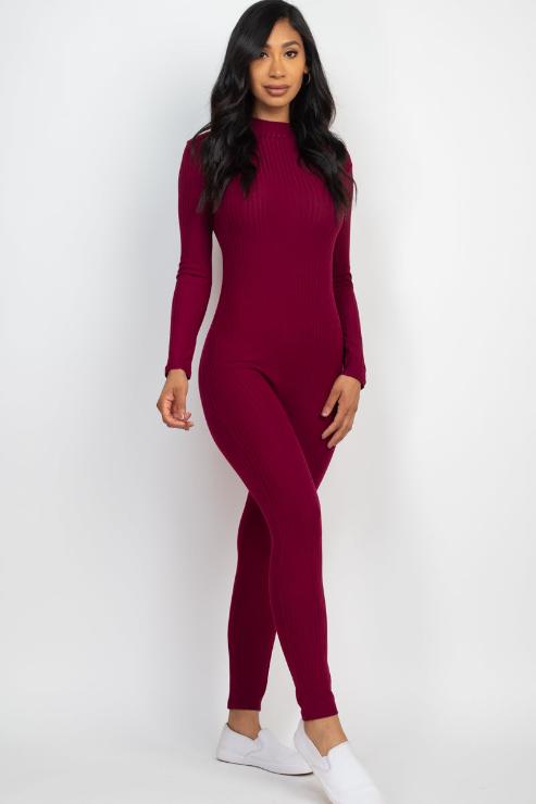 Ribbed Mock Neck Long Sleeve Casual Jumpsuit - Capella Apparel