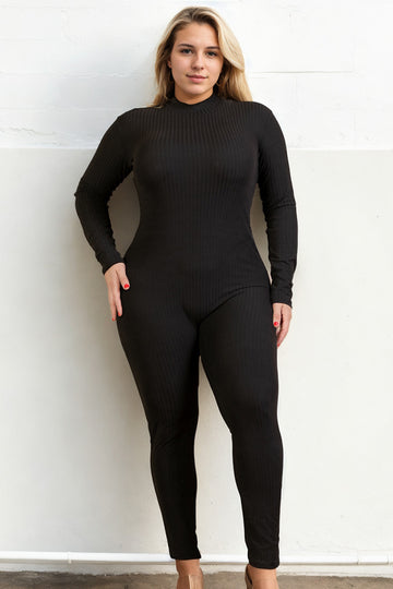 Plus Size Ribbed Mock Neck Long Sleeve Casual Jumpsuit - Capella Apparel