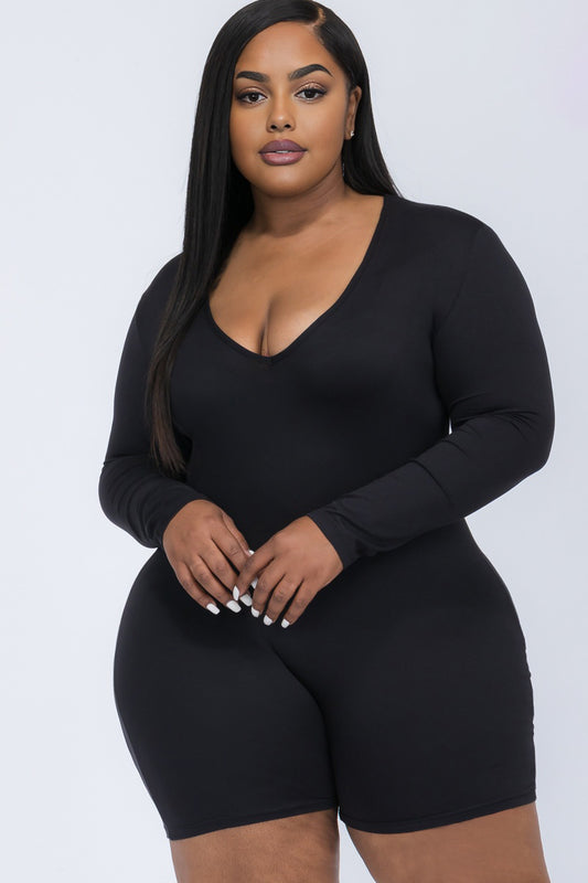 Plus Size V-Neck Long Sleeve Bodycon Romper