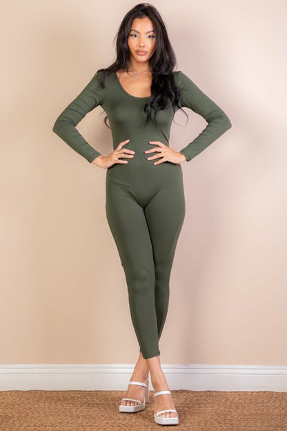 Scoop Neck Long Sleeve Bodycon Jumpsuit - Capella Apparel