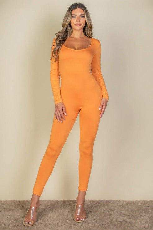 Scoop Neck Long Sleeve Bodycon Jumpsuit - Capella Apparel