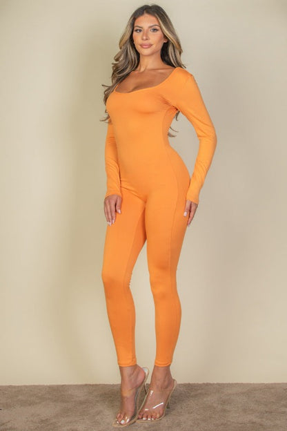 Scoop Neck Long Sleeve Bodycon Jumpsuit - Capella Apparel