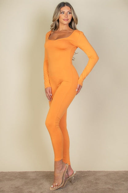 Scoop Neck Long Sleeve Bodycon Jumpsuit - Capella Apparel