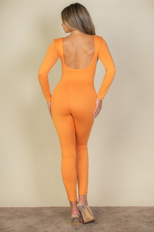 Scoop Neck Long Sleeve Bodycon Jumpsuit - Capella Apparel