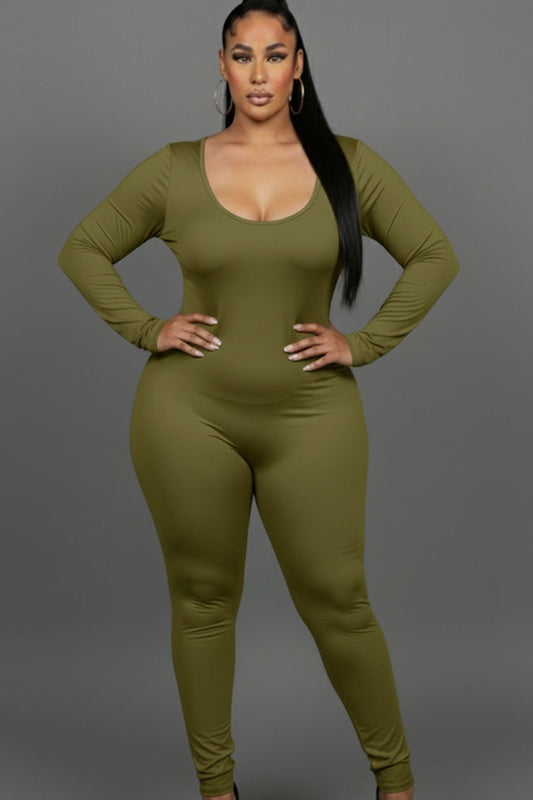 Plus Size Scoop Neck Long Sleeve Bodycon Jumpsuit
