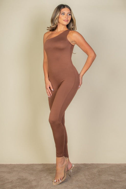 Solid Color One Shoulder Jumpsuit - Capella Apparel