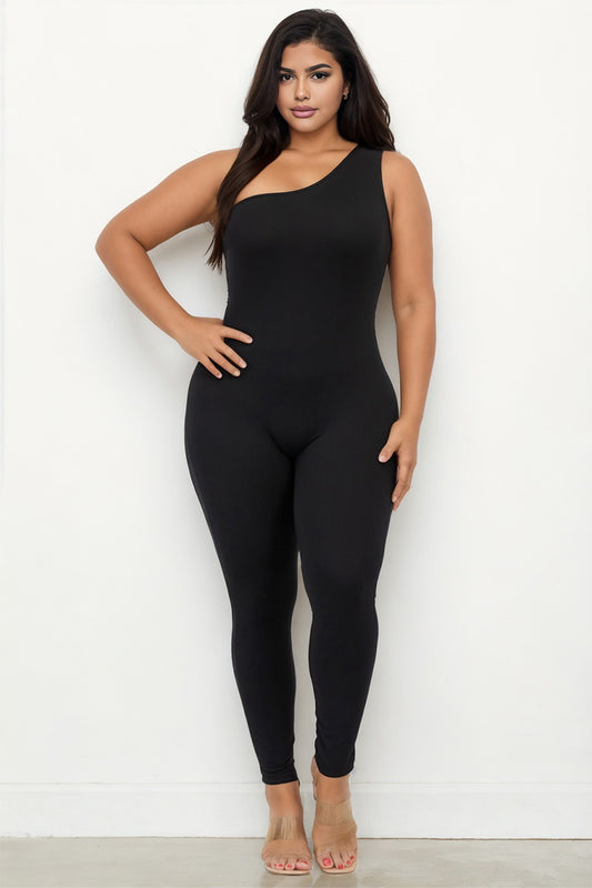 Plus Size Solid Color One Shoulder Jumpsuit