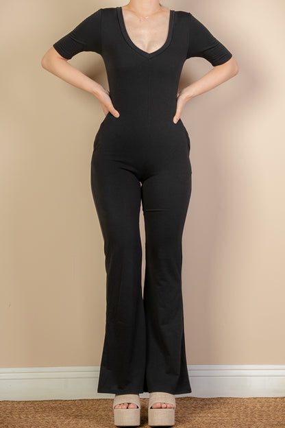 French Terry Short Sleeve Flare Jumpsuit - Capella Apparel