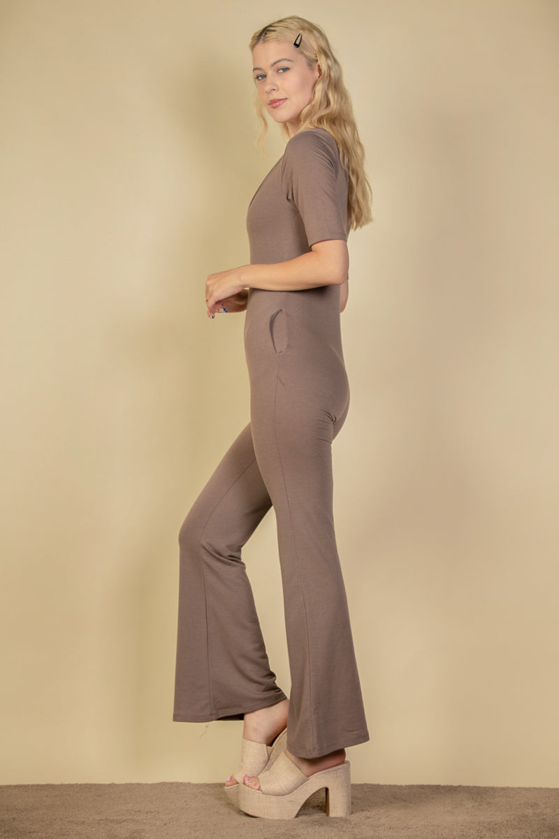 French Terry Short Sleeve Flare Jumpsuit - Capella Apparel