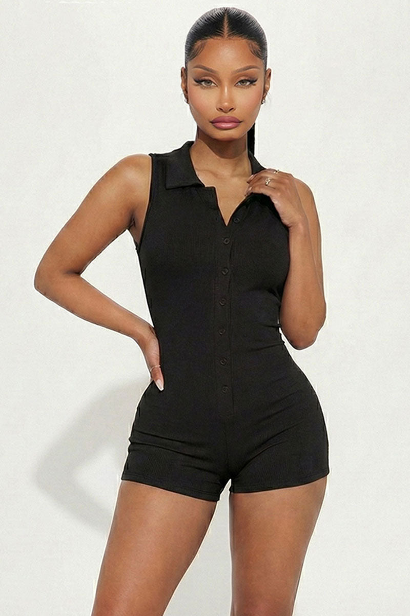 Ribbed Knit Sleeveless Button Front Romper (CAPELLA)