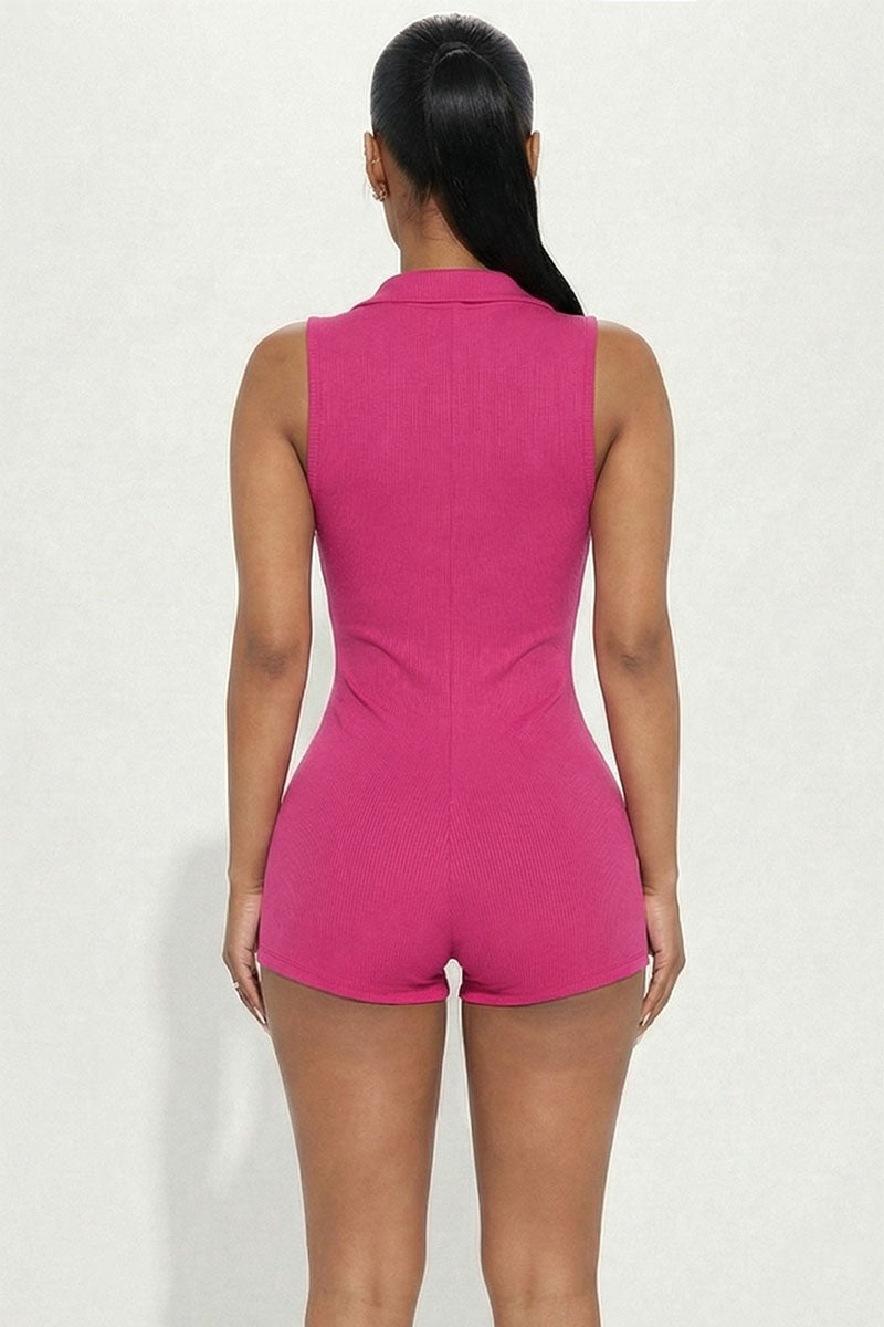 Ribbed Knit Sleeveless Button Front Romper