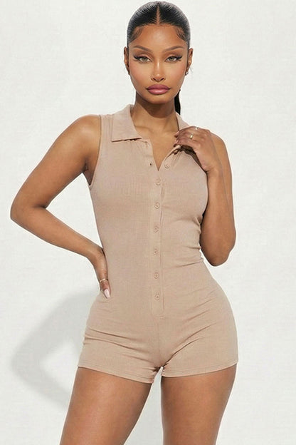 Ribbed Knit Sleeveless Button Front Romper