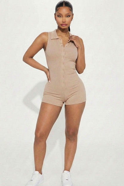 Ribbed Knit Sleeveless Button Front Romper (CAPELLA)