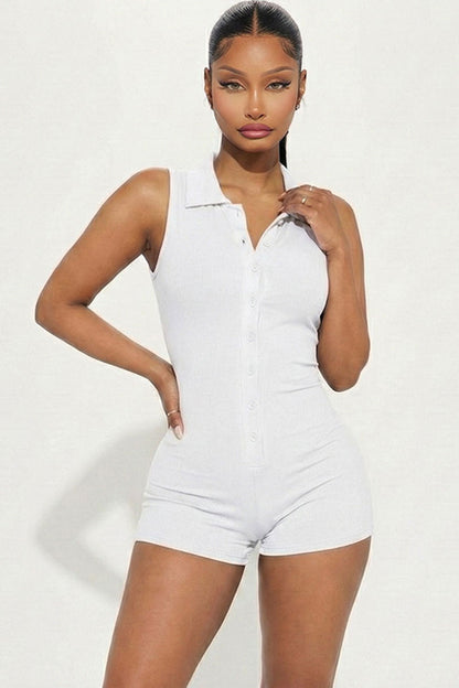 Ribbed Knit Sleeveless Button Front Romper