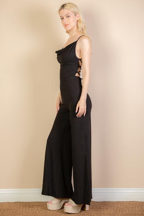 Ribbed Cowl Neck Backless Split Wide Leg Jumpsuit - Capella Apparel