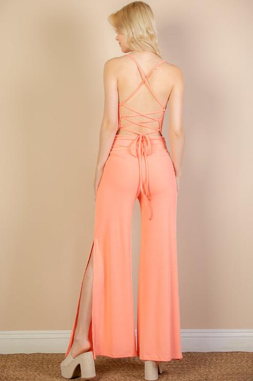 Ribbed Cowl Neck Backless Split Wide Leg Jumpsuit - Capella Apparel