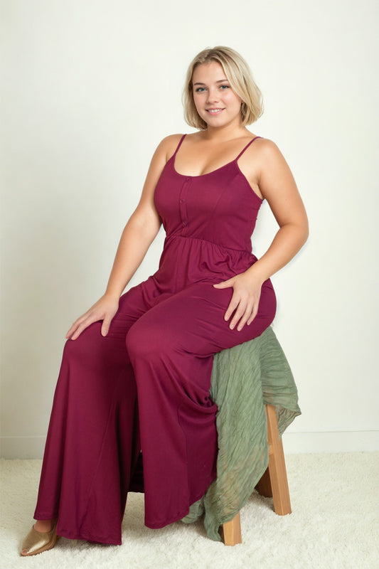 Plus Size Button Front Wide Leg Jumpsuit - Capella Apparel