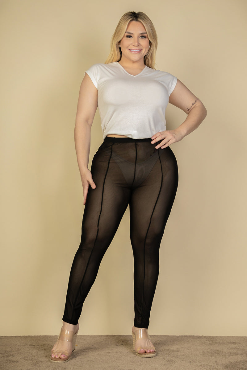 Plus Size Seam Front High Waist Mesh Leggings - Capella Apparel