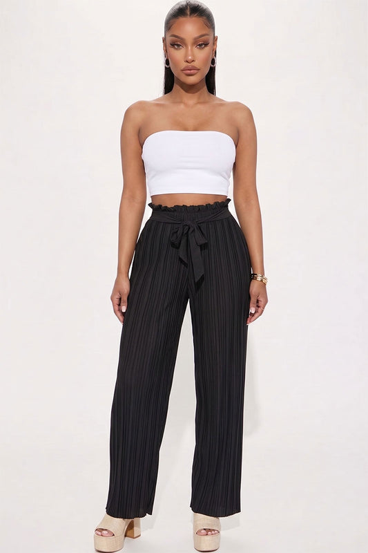 Pleated Stretch Crepe Pull-On Wide Leg Tie Front Pants