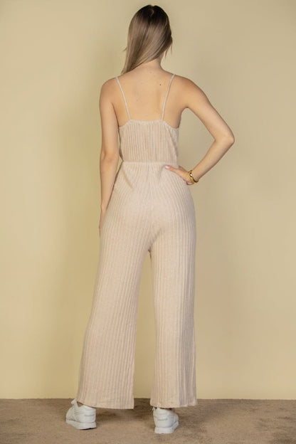 Sweater-Knit Fuzzy Frenchy Tie Front Cami Jumpsuit - Capella Apparel